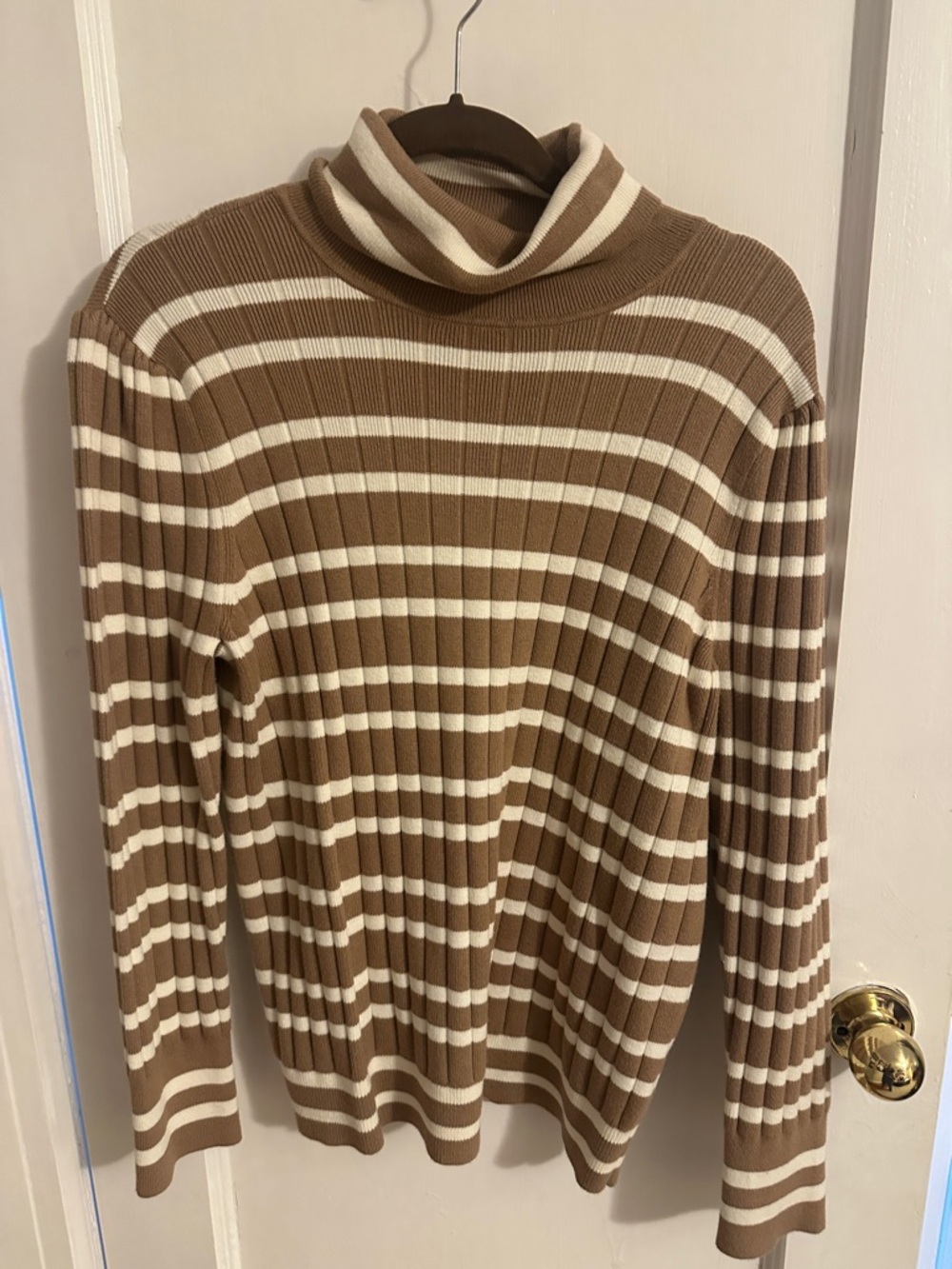 Talbots Brown and Cream Striped Ribbed Knit Sweater
